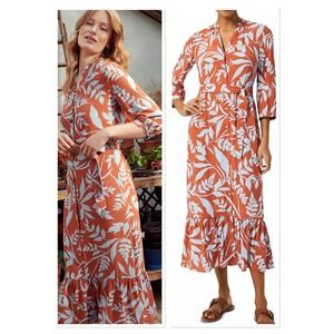 Hobbs London Magda Orange Blue Leaf Midi Shirt Dress Ruffle Hem Botanical Boho 8